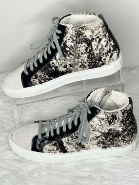 P448 You Can Surf Later Calf Hair Cow Print High Top Sneakers Size 37/7